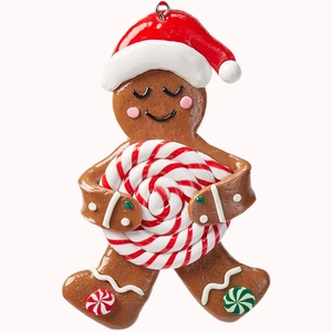 Christmas gingerbread man ornament with red hat and candy cane for holiday tree decor