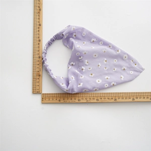 Detailed size view of lavender floral chiffon hair scarf with white daisy pattern