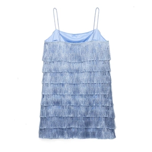 Light blue tiered fringe mini dress with spaghetti straps for stylish vacation wear