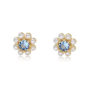 Exquisite flower stud earrings with blue zircon center and white pearls in gold finish