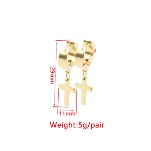 Gold stainless steel punk cross earrings with 29mm length and 11mm width specifications