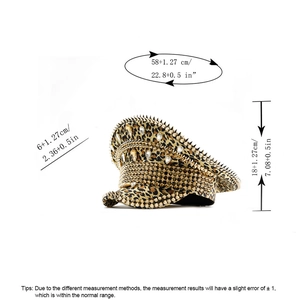Detailed size specifications for leopard print captain hat with gold studs and chains