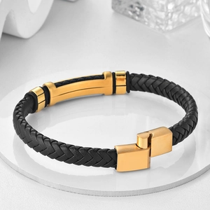 Men's minimalist braided black leather bracelet with golden stainless steel clasp