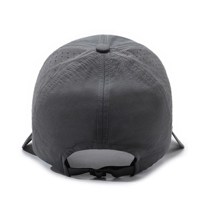 Rear view of grey sports sun hat with laser-cut ventilation holes and adjustable buckle strap