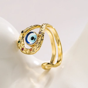 Bohemian Evil Eye open ring in gold finish with colorful zircon stones on white display