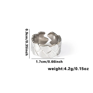 Detail view showing 0.9cm width and silver woven mesh texture on stainless steel ring