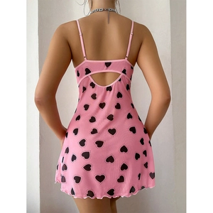 Pink heart print camisole dress with back cutout and ruffled hem for women