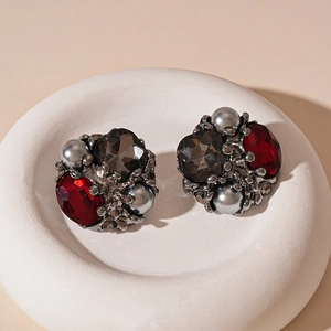 Vintage baroque earrings with red and smoke grey crystals, pearls, and antique silver finish