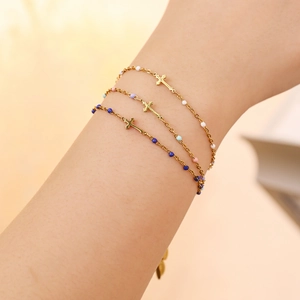 Three-piece gold stainless steel cross bracelet set with multi-color enamel beads