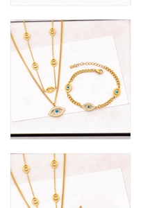 Detailed view of gold-tone evil eye jewelry set with blue and white crystals