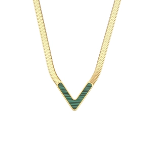 Detailed macro view of 18K gold V-shaped pendant with malachite on flat herringbone chain