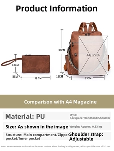Detailed size chart showing backpack dimensions and A4 magazine capacity comparison