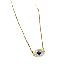 Elegant gold titanium steel necklace featuring a crystal-encrusted evil eye pendant