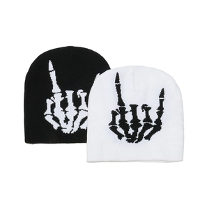 Hip hop punk knit beanie with skeleton hand patterns in black and white styles