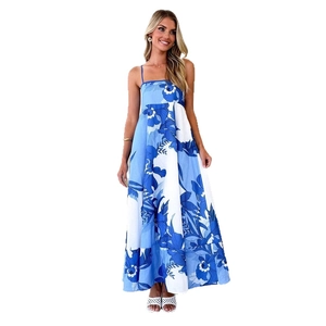 Elegant blue and white floral print maxi dress with a backless A-line design for summer