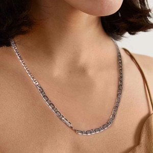 Elegant S925 sterling silver mariner chain necklace on model with polished link details