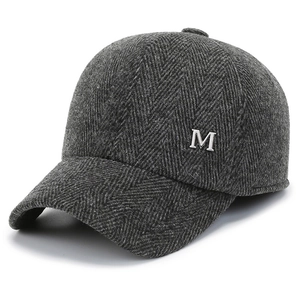 Men's wool baseball cap in dark grey herringbone pattern with ear protection flaps