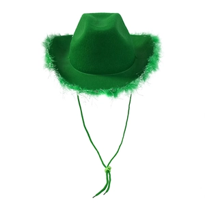 Detail of emerald green cowboy hat featuring feather trim and silver thread accents