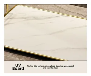 Detail of waterproof marble texture UV shelf with sturdy golden metal frame for bathroom