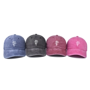 Washed denim baseball caps with floral rose embroidery in four vintage colors