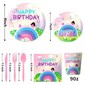 Pink cat rainbow party supplies set with paper plates cups and birthday napkins