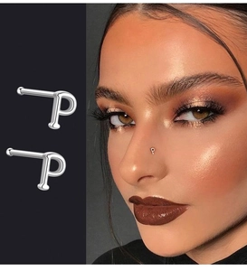 Detailed view of S925 sterling silver letter P nose stud with model wearing shot