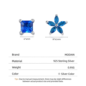 Asymmetric S925 sterling silver blue square zircon flower stud earrings for women