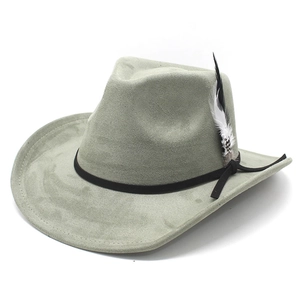 Detailed view of grey suede cowboy hat featuring a black band and a natural feather accent