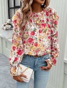 Floral print long sleeve shirt with ruffle details and pleated design for women