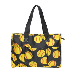 Grande borsa tote in tela con stampa softball e tasche esterne portaoggetti multiple