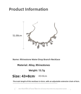 Detail view of branch necklace specifications with alloy material and rhinestone droplets
