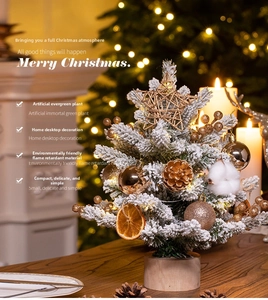 Mini tabletop Christmas tree with warm lights, champagne gold ornaments and snow finish