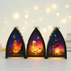 Tre lanterne LED di Halloween con motivi di zucca, scheletro e strega per decoro