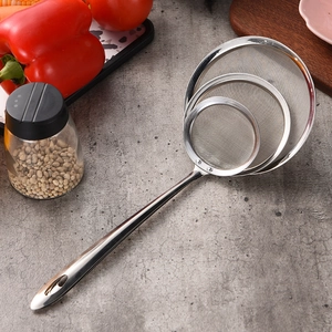 Three-piece stainless steel fine mesh strainer set with long handles for kitchen filtering