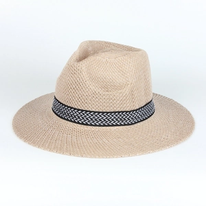 Detail of breathable paper straw fedora with black and white woven stripe band