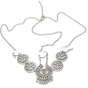 Bohemian silver head chain with crescent pendant and small bells in vintage ethnic style