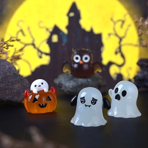 Luminous Halloween owl and ghost miniature figurines for dashboard and garden decor