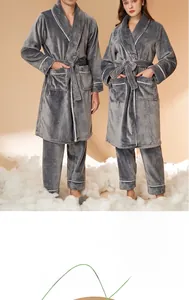 Detailed view of the gray coral fleece bathrobe set with white piping and waist tie belt