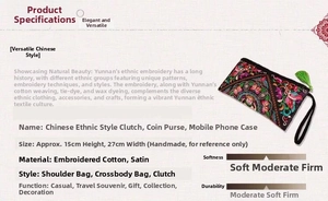 Detailed view of floral embroidery on ethnic satin clutch with size 15x27cm markers