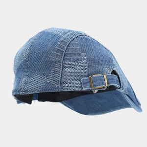 Vintage navy blue denim flat cap for men and women with adjustable bronze buckle