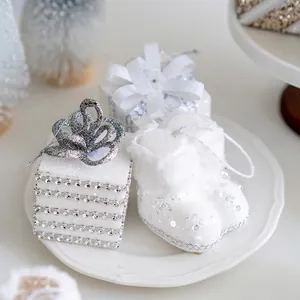 Christmas Gift Box Ornaments Foam Glitter Sequin Ribbon Bow Hanging Tree Decor Champagne White Festive Holiday