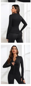 Detail of black ribbed zip-up yoga jacket with thumbholes and high neck for fitness