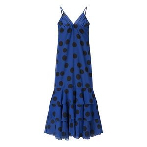 Elegant navy blue polka dot sleeveless maxi dress with a ruffled fishtail hemline