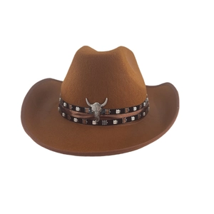 Brown wool cowboy hat with LED light-up brim and metal bull head pendant detail