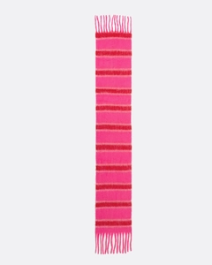 Detail of pink striped scarf with loop yarn texture and braided tassel fringe edges