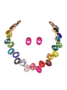 Macro view of multi-color faceted rhinestones set in necklace and earrings jewelry set