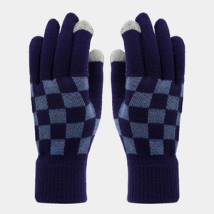 Detail of purple knitted touchscreen gloves with blue checkerboard pattern and ribbed cuffs