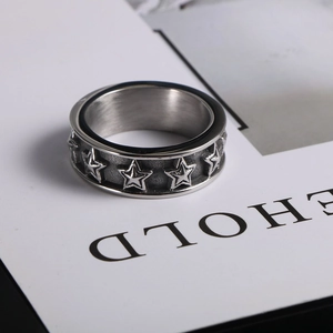 Vintage titanium steel star pattern ring with retro silver finish for couples