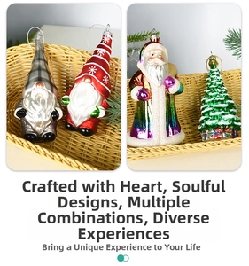 Detailed view of glass painted Christmas gnome and Santa ornaments in a wicker basket