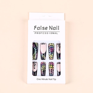 Ballerina false nail set with black base, colorful floral patterns and rhinestones